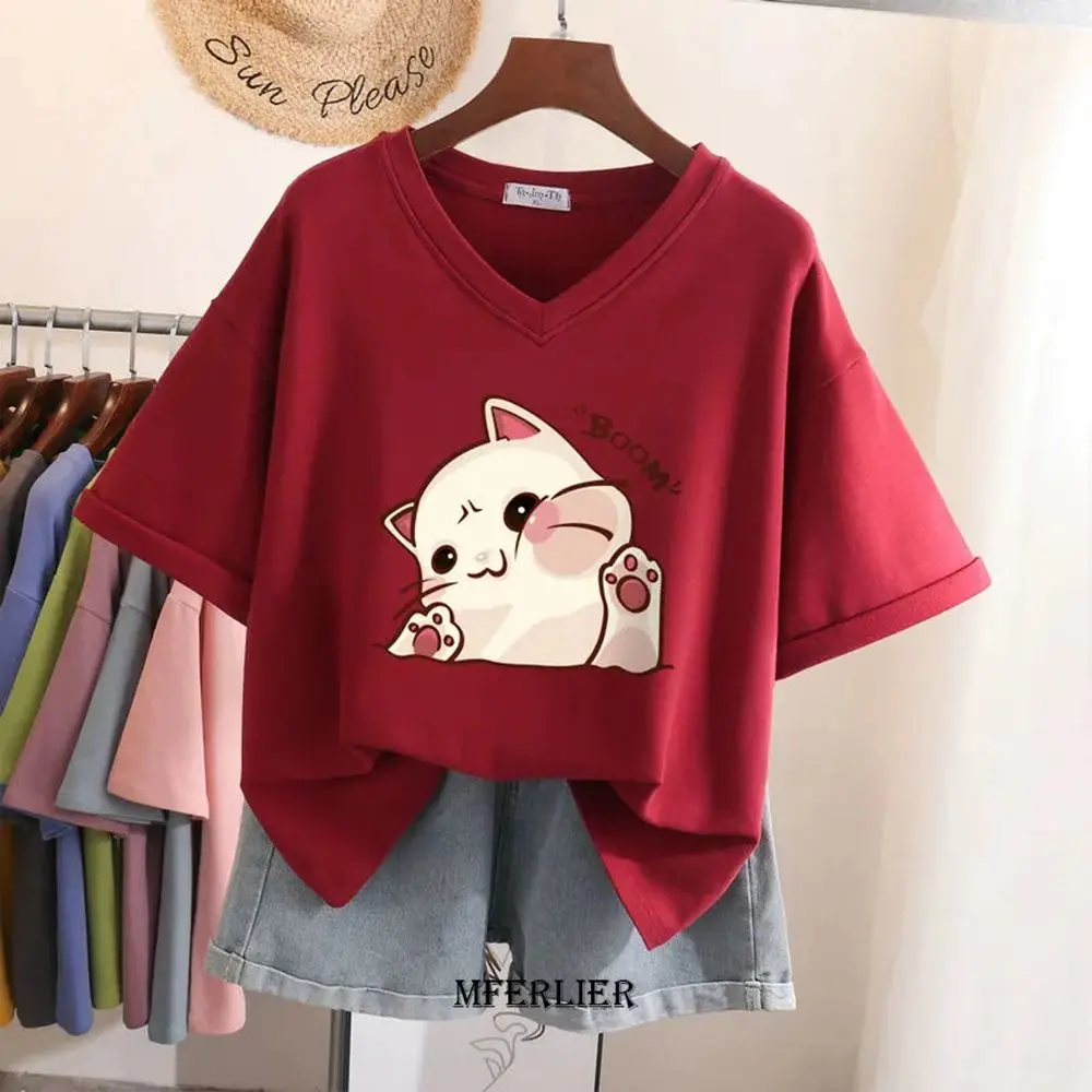 Camiseta de algodón de manga corta para mujer, Tops con cuello en V, camisetas de dibujos animados, talla grande 6XL, 150kg