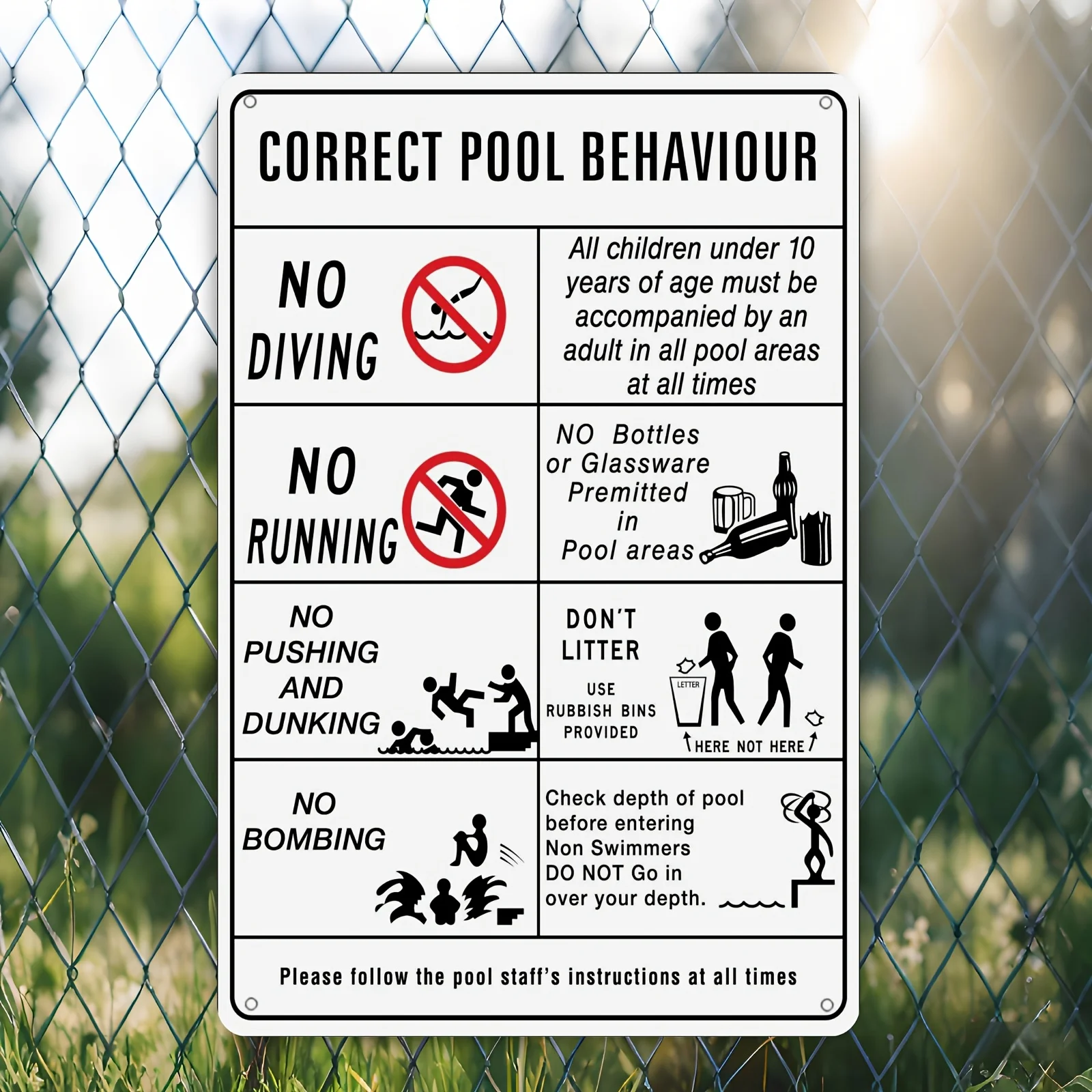 Pool Safety Sign No Diving Running 8x12in Metal Outdoor Wall Art