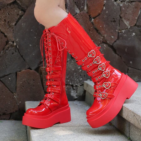 

Women‘s Thick Bottom Motorcycle Boots Women Knee High Boots Autumn Winter Patent Women Lace-up Casual Boots Red Size 35-43