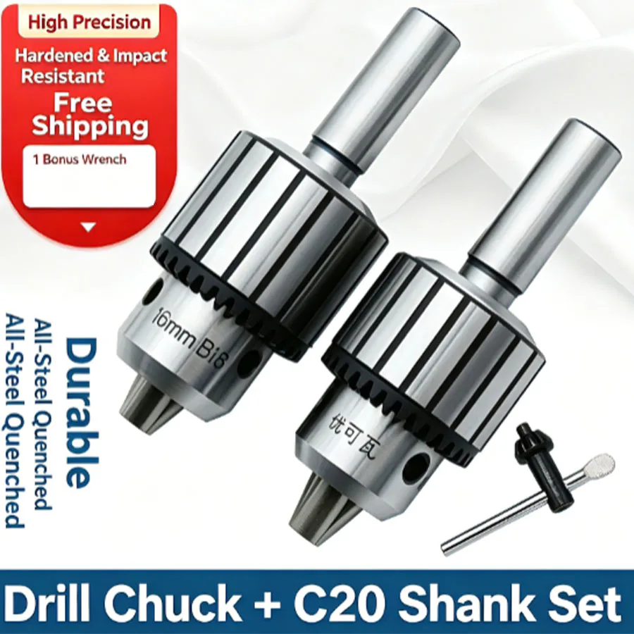 High Precision C20 Straight Shank Key-Type Drill Chuck Assembly Set for Milling Machine, Range:1-10mm,1-13mm,3-16mm,5-20mm