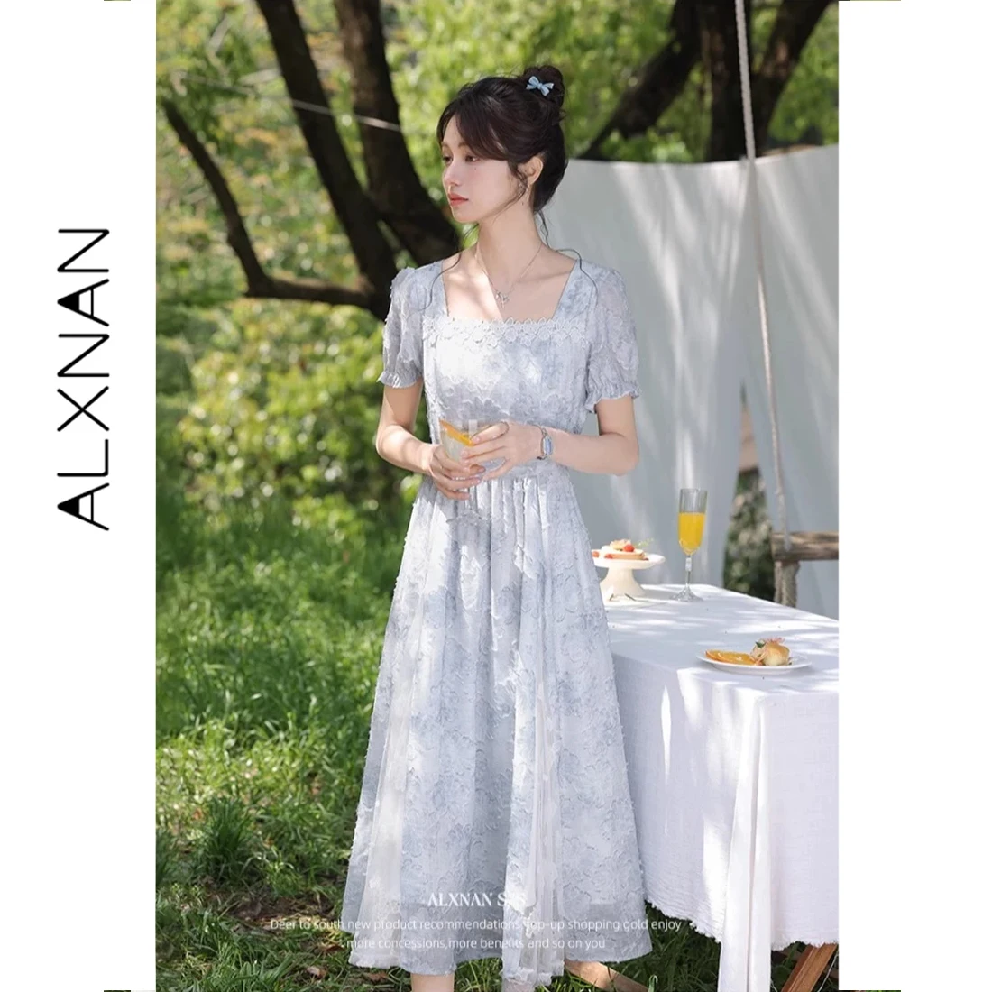 

ALXNAN Light Blue Dress Women Lace Embroidered Puff Sleeves Elegant Long Dress 2026 Square Neck Midi Ladies Clothing DYL661834