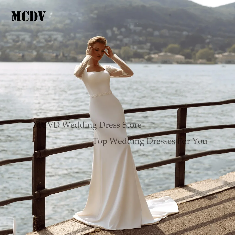 

MCDV Sexy Wedding Dresses Backless Full Sleeve Satin Mermaid Beaded Bride Gowns Customized Sweep Train Elegant robe de mariée