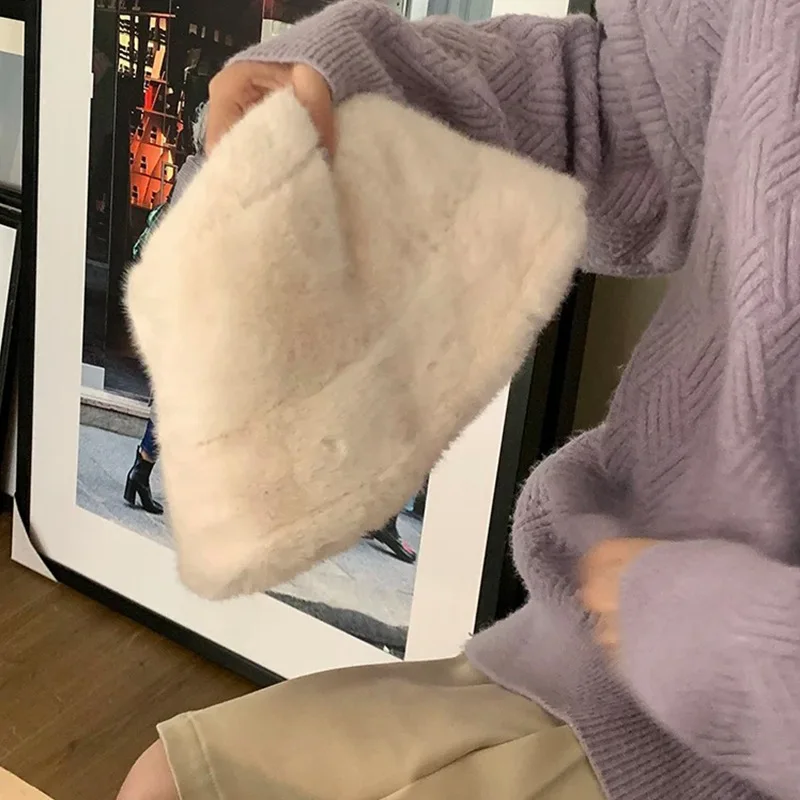 Korean Soft Snowy Day Outdoor Plain Face Covering Bucket Hat Imitation Mink Casual Versatile Warm Faux Fur Basin Hat