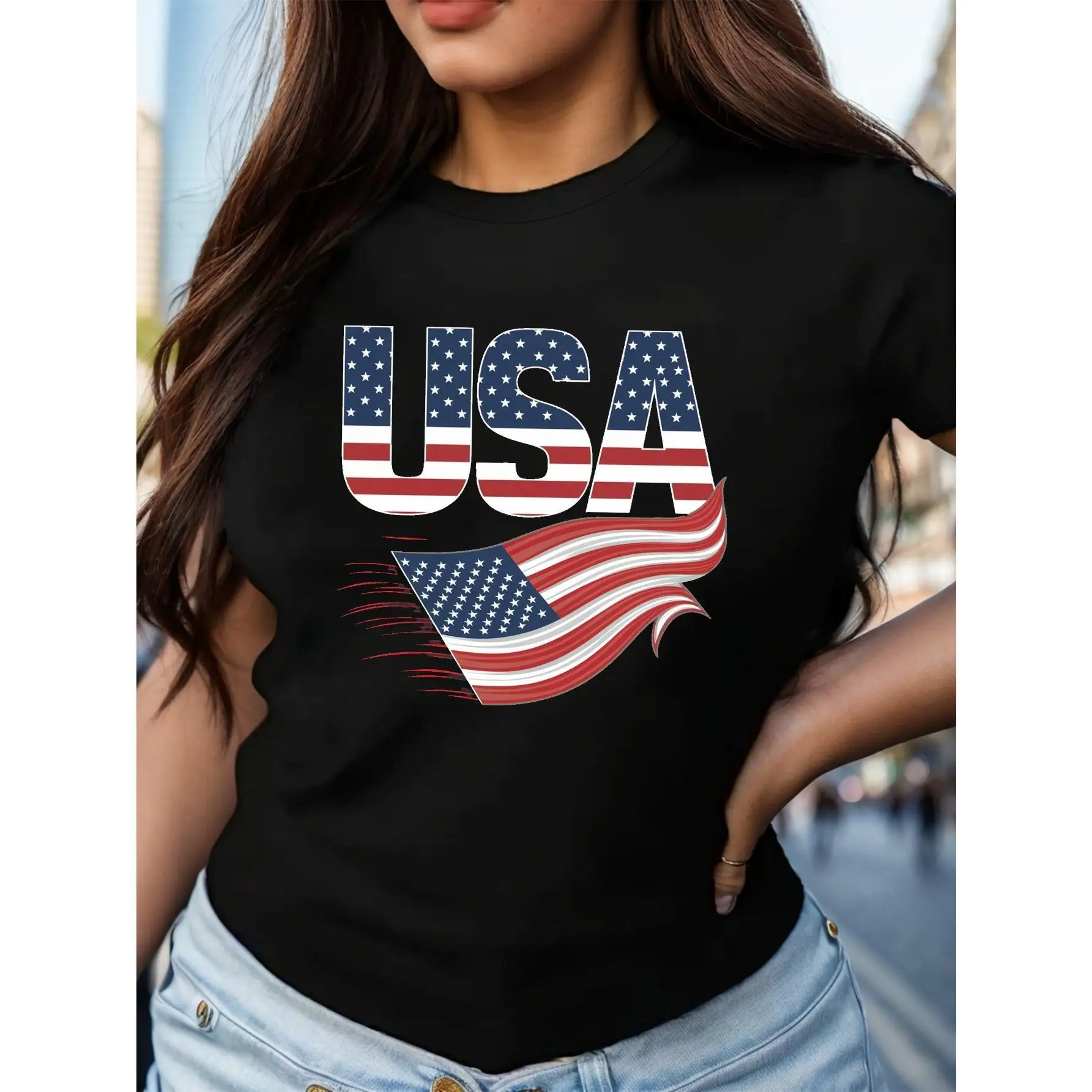 

Patriotic "USA" American Flag T-shirt, Vintage Distressed Graphic Tee for Men and Women, Summer Fashion Top