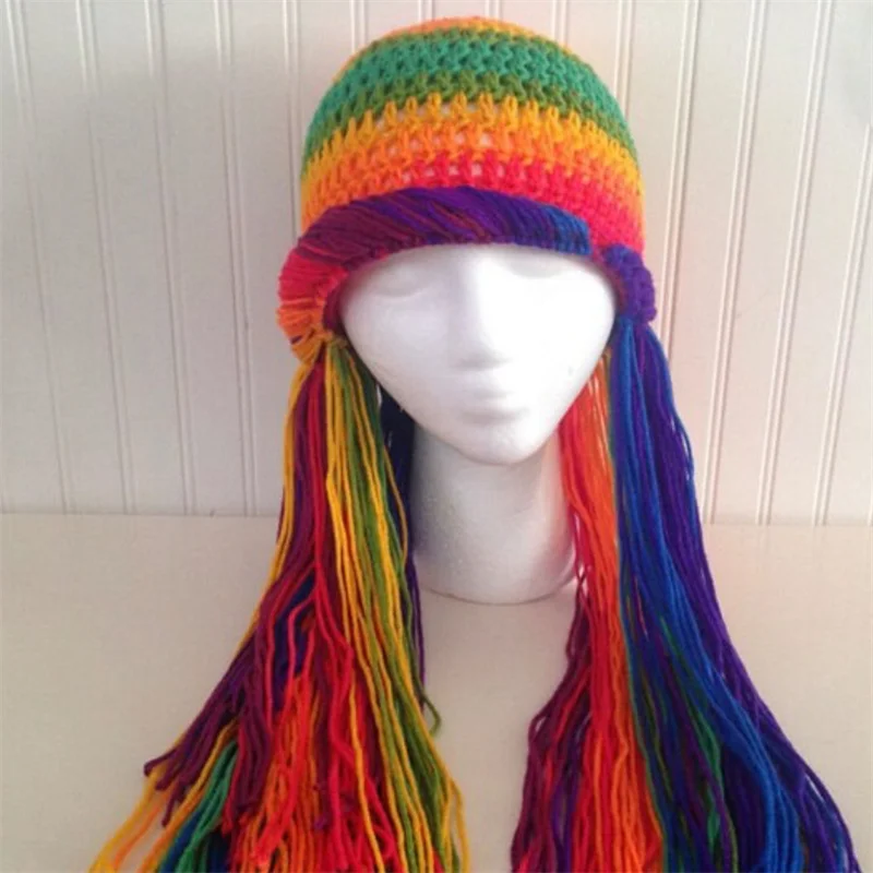 New Handmade crocheted Rainbow yarn wig dress up hat Halloween cosplay costume hat yarn wig For adult children pride Rainbow hat