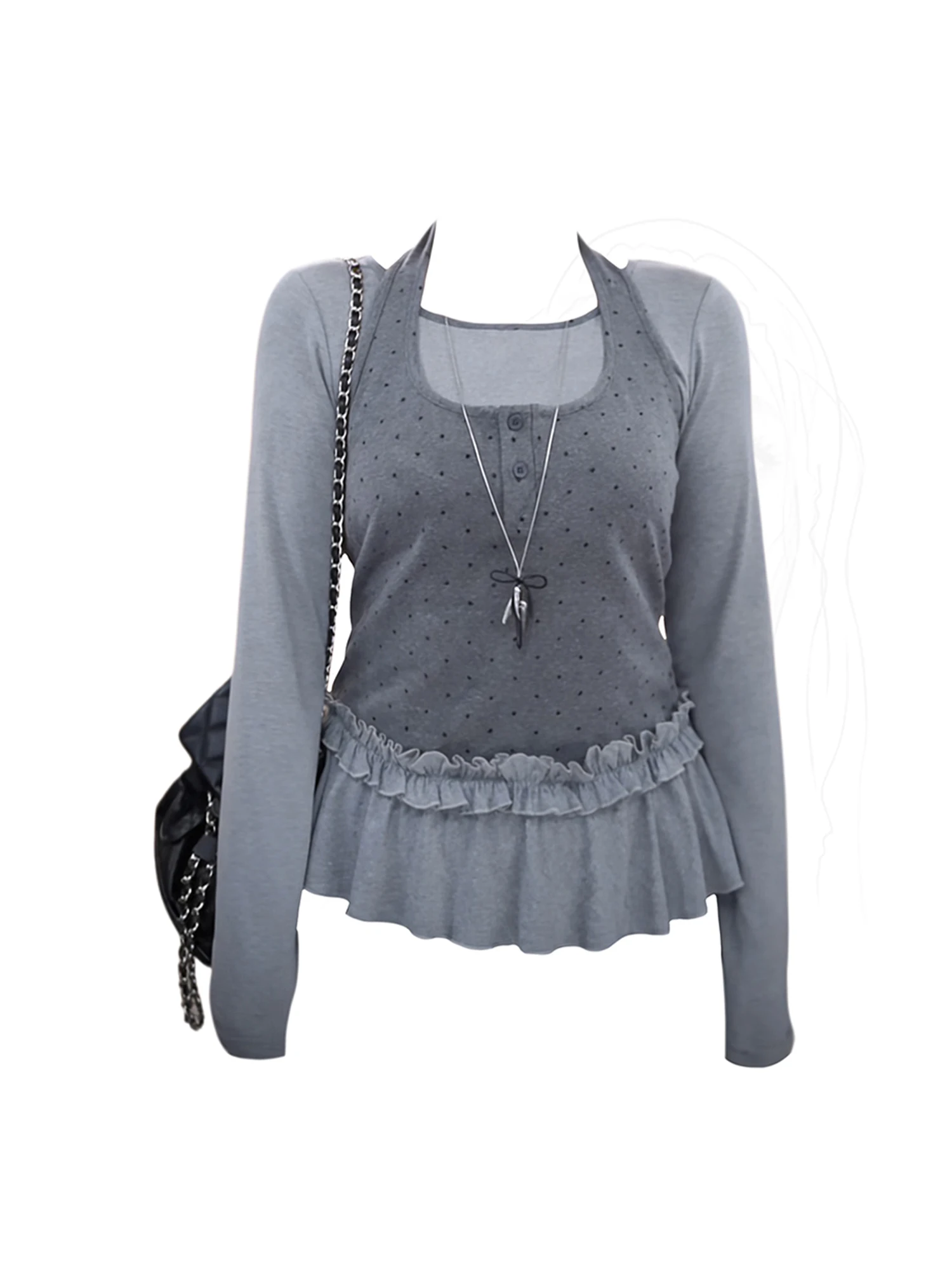 

Women's Grey V-Neck T-shirt Fake Two Pieces Y2k Gyaru Tee Top 2000s Vintage Aesthetic Long Sleeve T-shirt Clothes Spring Autumn