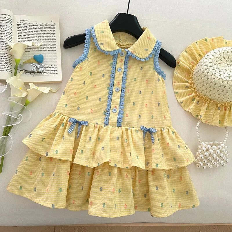 

Girl's Sleeveless Dress Summer New Girl's Yellow Dot Grid Cute Cake Dress with Hat Ropa De Niña Girls Clothes