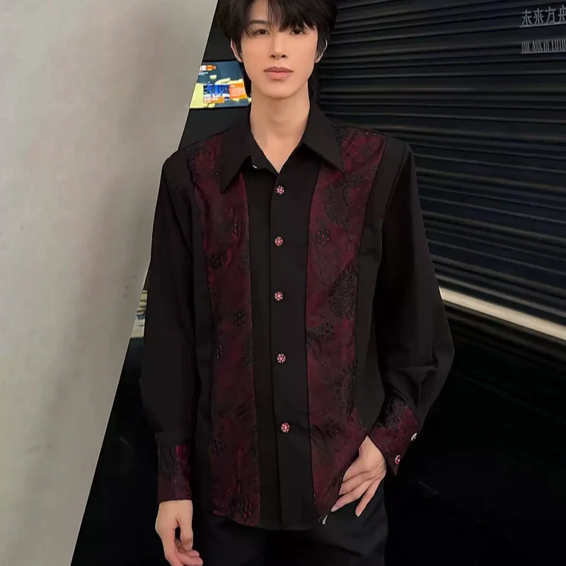 

Black And Red Contrast Color Long Sleeve Shirts For Man Fashionable Luxury Splicing Lace Niche Jacquard Weave Design Tops