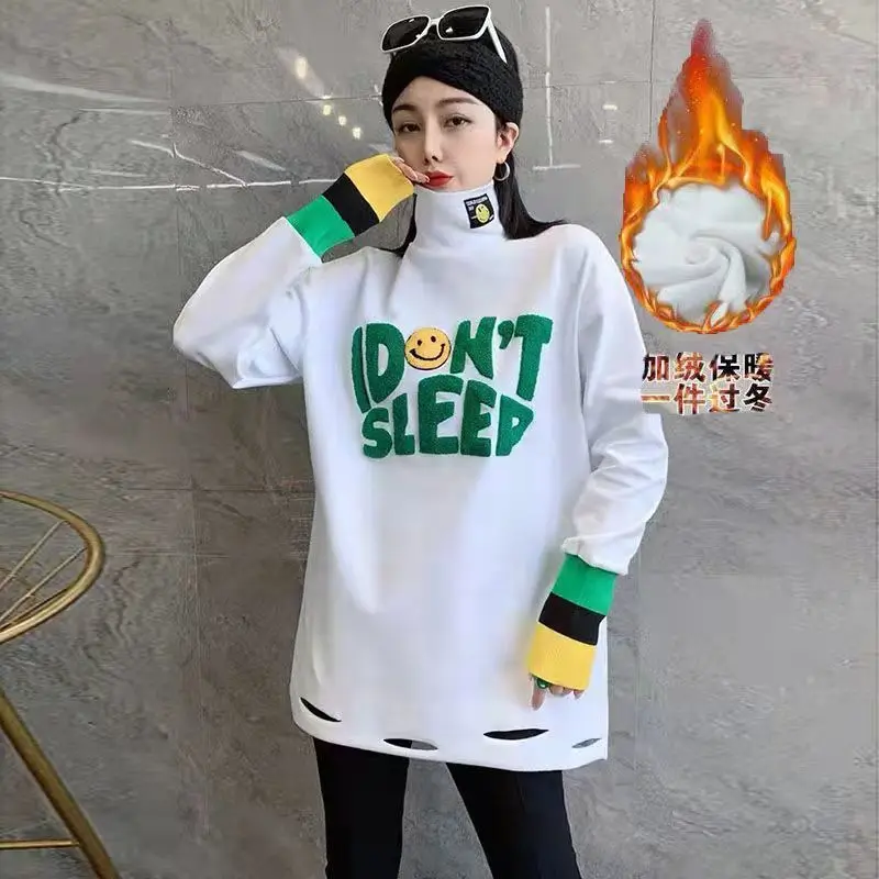 High Neck Mid Length and Plush Thick Warm and Cold Resistant T-shirt 2024 New Winter Loose and Versatile White Base Shirt