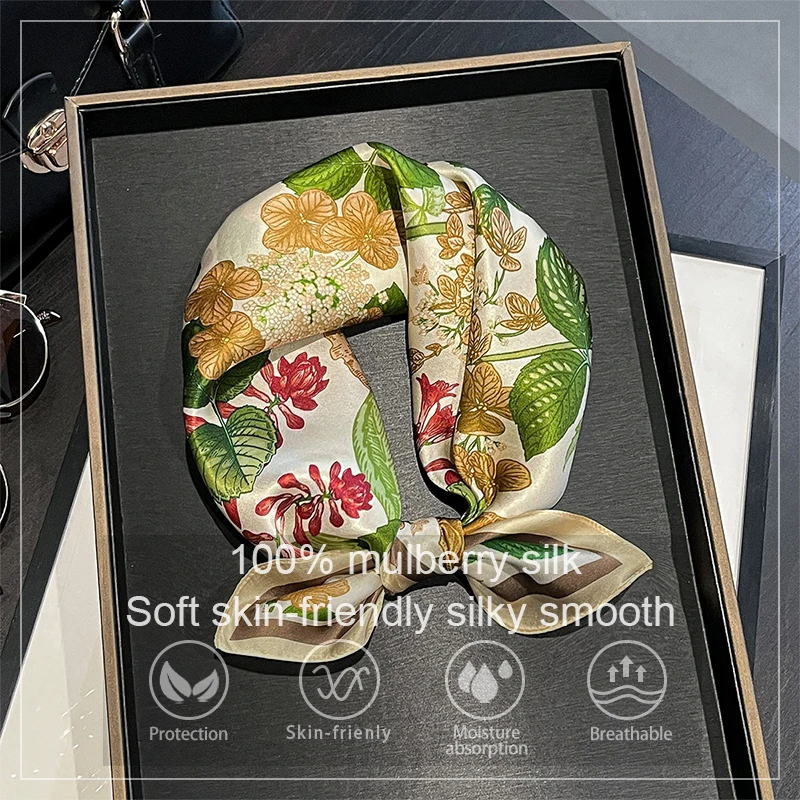 2026 Spring 100% Real Silk Scarf Women Floral Bandana Shawl Lady Mulberry Silk Neckerchief Handkerchief Female Wrap 53cm