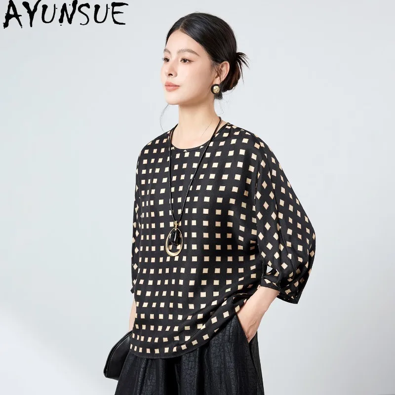 AYUNSUE 100% Silk Women's T-shirts Fashion Checkered Tops for Woman Elegant Commuting Summer T Shirt Woman Clothes топ женский