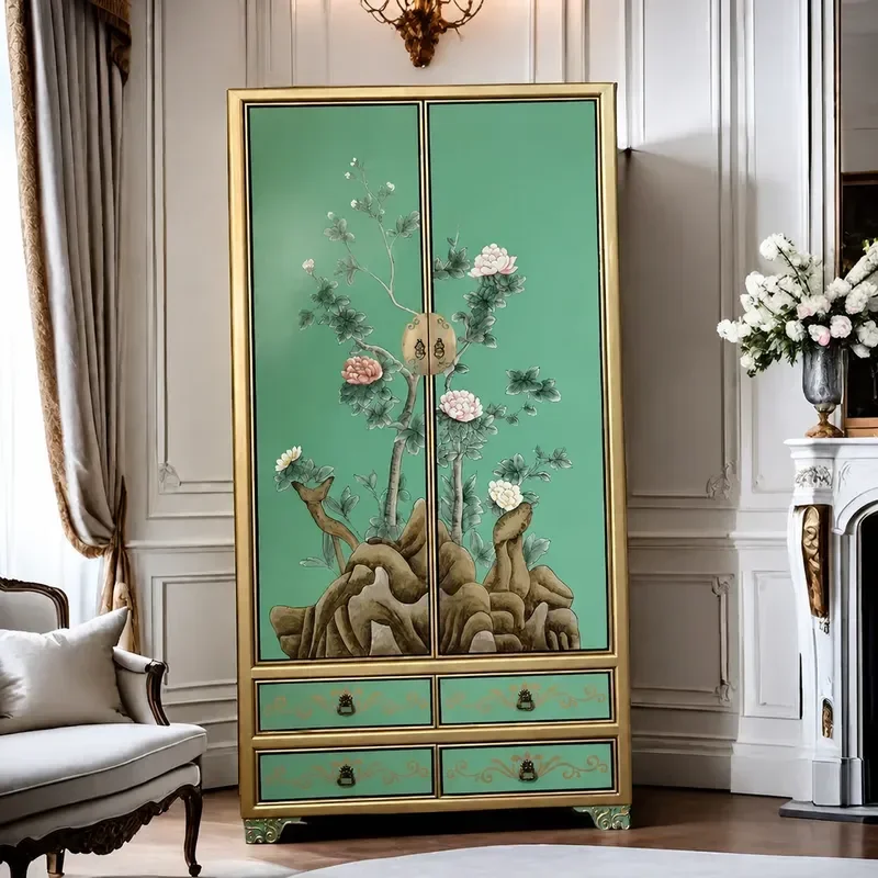 European Retro Solid Wood Wardrobe Green Painted Storage Cabinet with Hanging Space for Adults Quilt Clothes Organizer