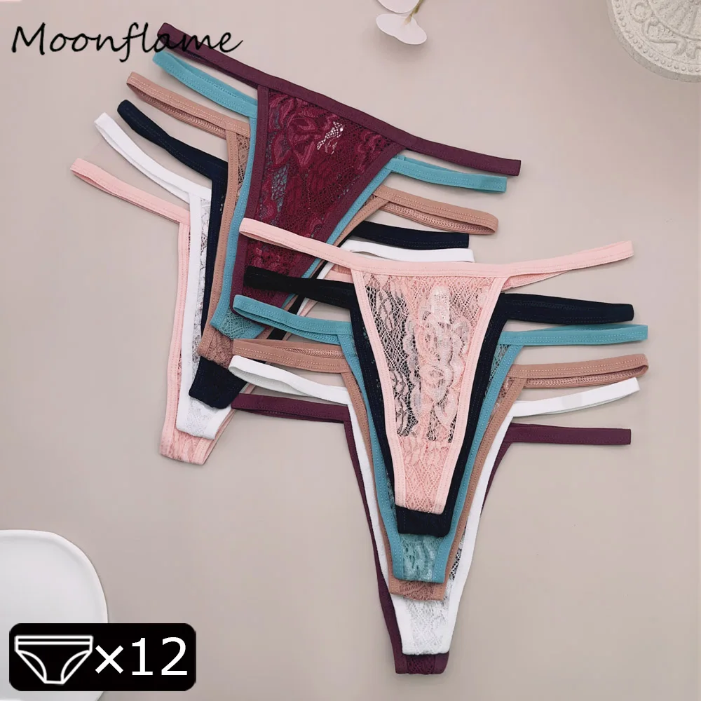 

Moonflame 12 Pcs/Set Sexy Lace Thongs for Women Low Rise Female Breathable Underpants Sexy Lingerie Ladies Panties