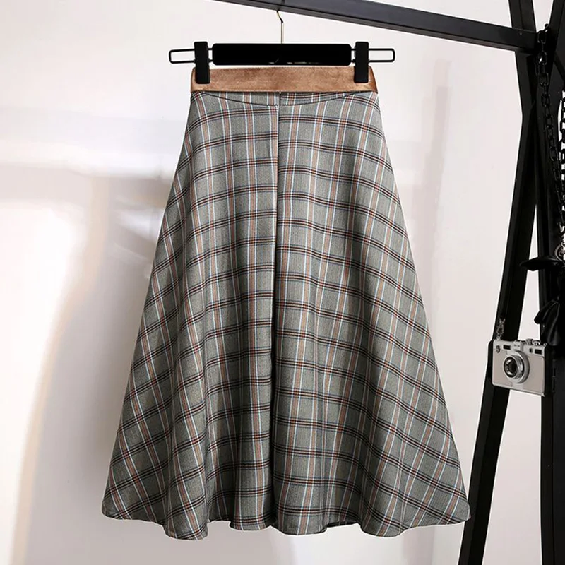 Rok Wanita Plaid Vantage High Waist A-line Longgar Dengan Sabuk dan Saku, Gaya Korea, Panjang Setengah Betis, Musim Semi 2024
