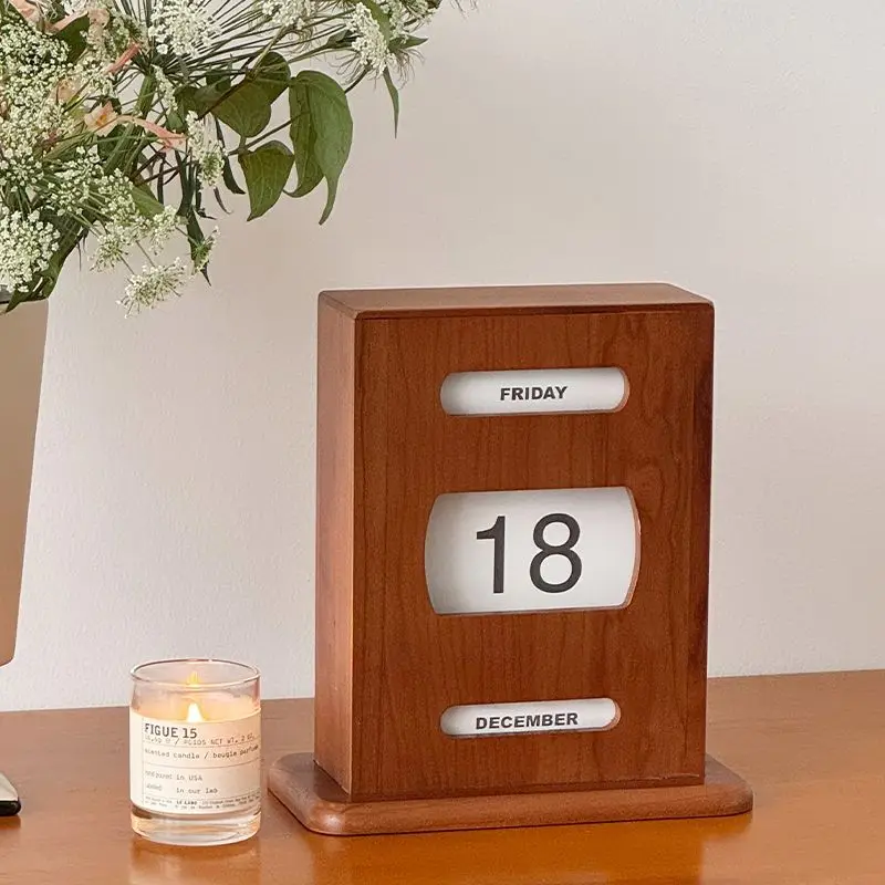 Cherry Wood Calendar Desktop Perpetual Calendars Living Room Vintage ‌Desk Accessories Bedroom Nightstand Miniature Ornament