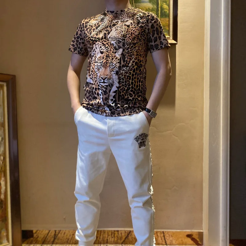 Men's Clothing Summer Slim-fit Trendy Distinctive Short-sleeved T-shirts Thin Fashionable Leopard Graphic T-shirt