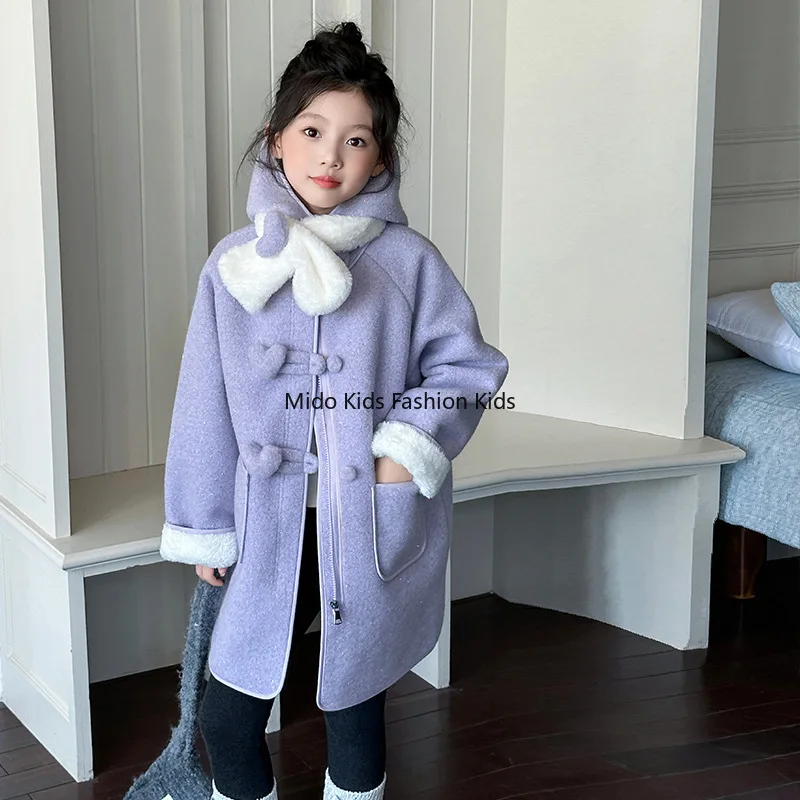 Girls' Shiny Mid-Length Woolen Coat | Red Festive Hooded Winter Jacket for Mid-Older Kids | New Year Celebration Outfit
