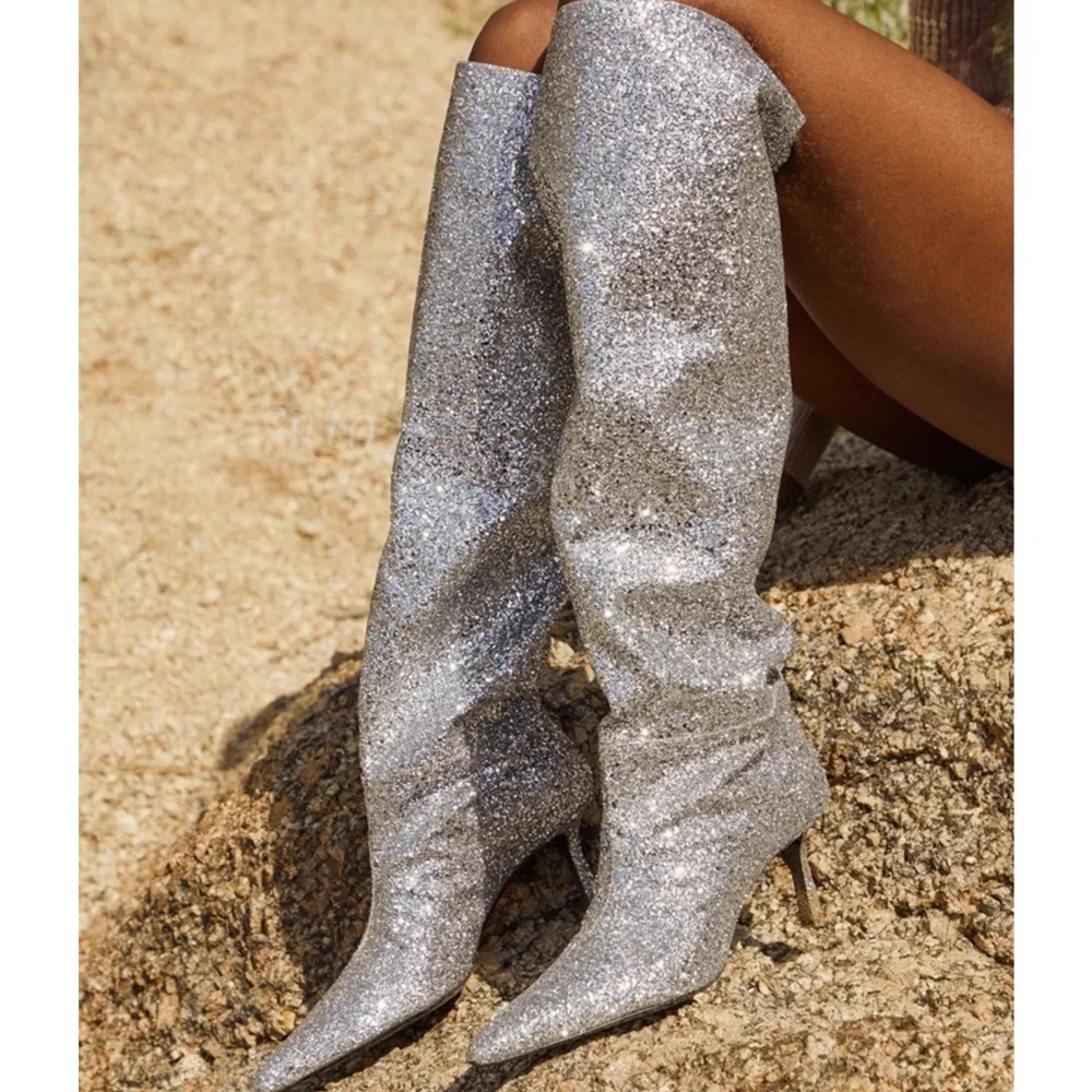 

Блестящие серебристые сапоги до колена с открытым носком для женщин, плиссированные туфли на тонком каблуке, модная обувь 2025 года, Zapatos Para Mujeres