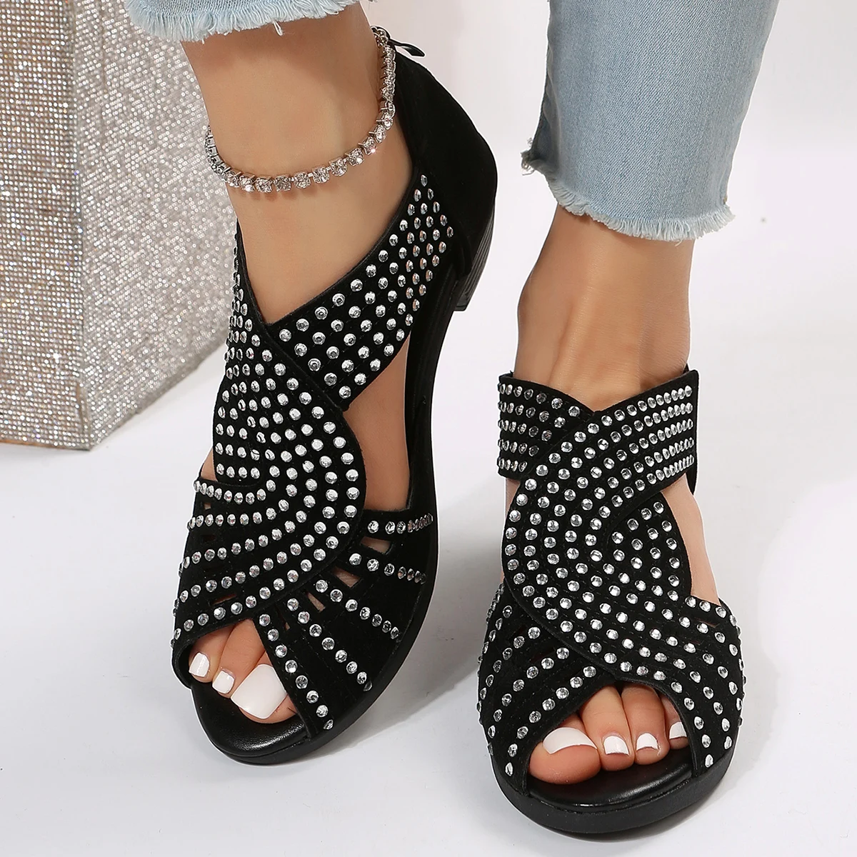 2026 Neue Modische Bequeme Tanzsandalen für Damen mit Strass-Reißverschluss und Kristallen, Indoor-Schuhe mit Offener Spitze – Detail 10