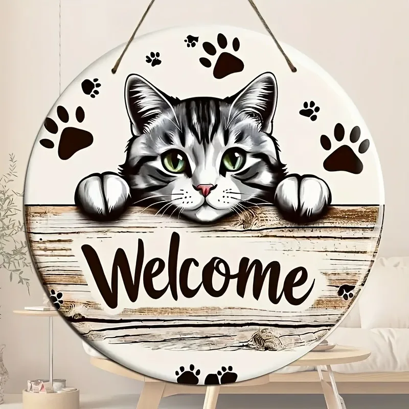 Wanddekoration aus Holz für Katzen – 2er-Set mit Tabby-Willkommensschildern mit Smaragdsaugen – keine Strom erforderlich, rustikale Hängekunst für das Wohnzimmer