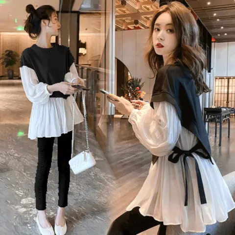 2025 Autumn Maternity Nursing Top Shirts Long Sleeve O-neck Chiffon Patchwork Pregnant Woman Blouses Clothes for Pregnant Women