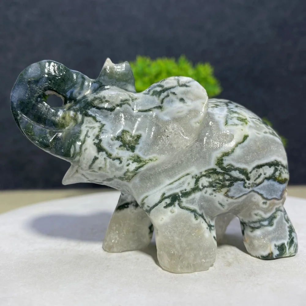 

Natural Aquatic Agate Crystals Elephant Carving - Healing Reiki Gemstone Animal Sculpture for Home Decoration