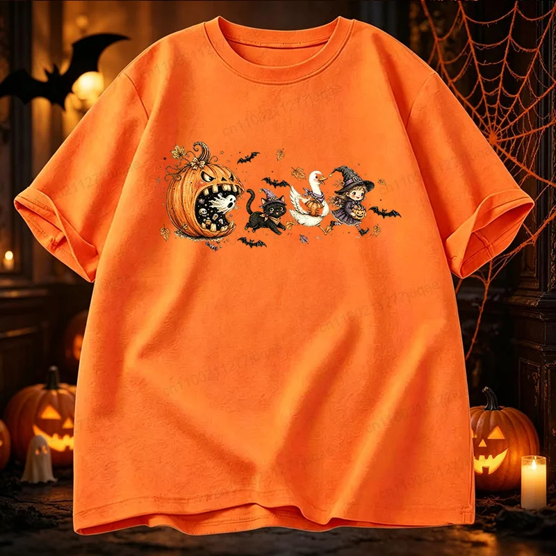 Niedliches Halloween-T-Shirt, Vintage-Cartoon-Kürbis-T-Shirt, Hexen-Grafik-Oberteil, schwarzes Katzen-Enten-Halloween-Shirt, Familien-Partnerlook-Kleidung – Detail 3