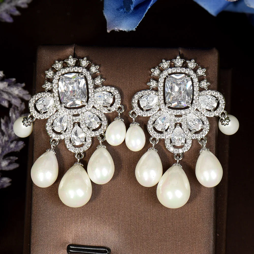 HIBRIDE Micro Pave Cubic Zirconia Stones Geometric Big White Gold Plated Pearl Cluster Drop Earrings For Women Jewelry E-397