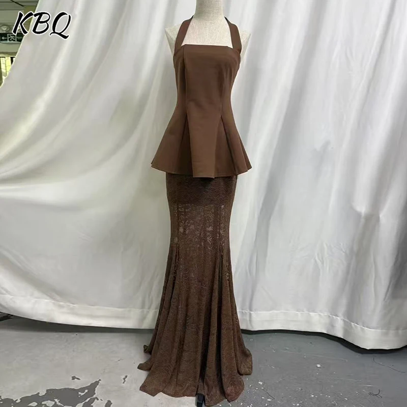 

KBQ однотонные облегающие сексуальные комплекты из двух предметов для женщин, топ без рукавов с квадратным воротником, кружевная юбка с высокой талией, элегантный комплект, женская мода