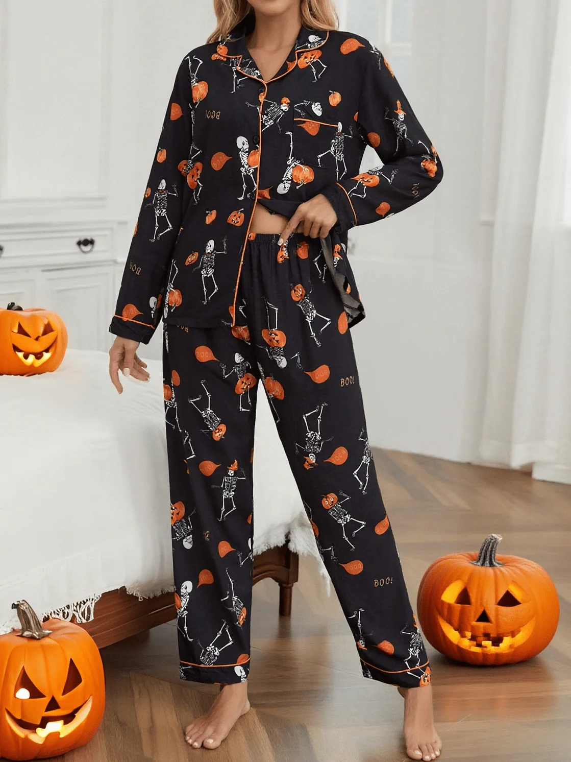 طقم بيجامة على شكل يقطين/جمجمة للهالوين مكون من قطعتين - بلوزات وسراويل بأكمام طويلة، جيوب شفافة متباينة، خريف/شتاء #3