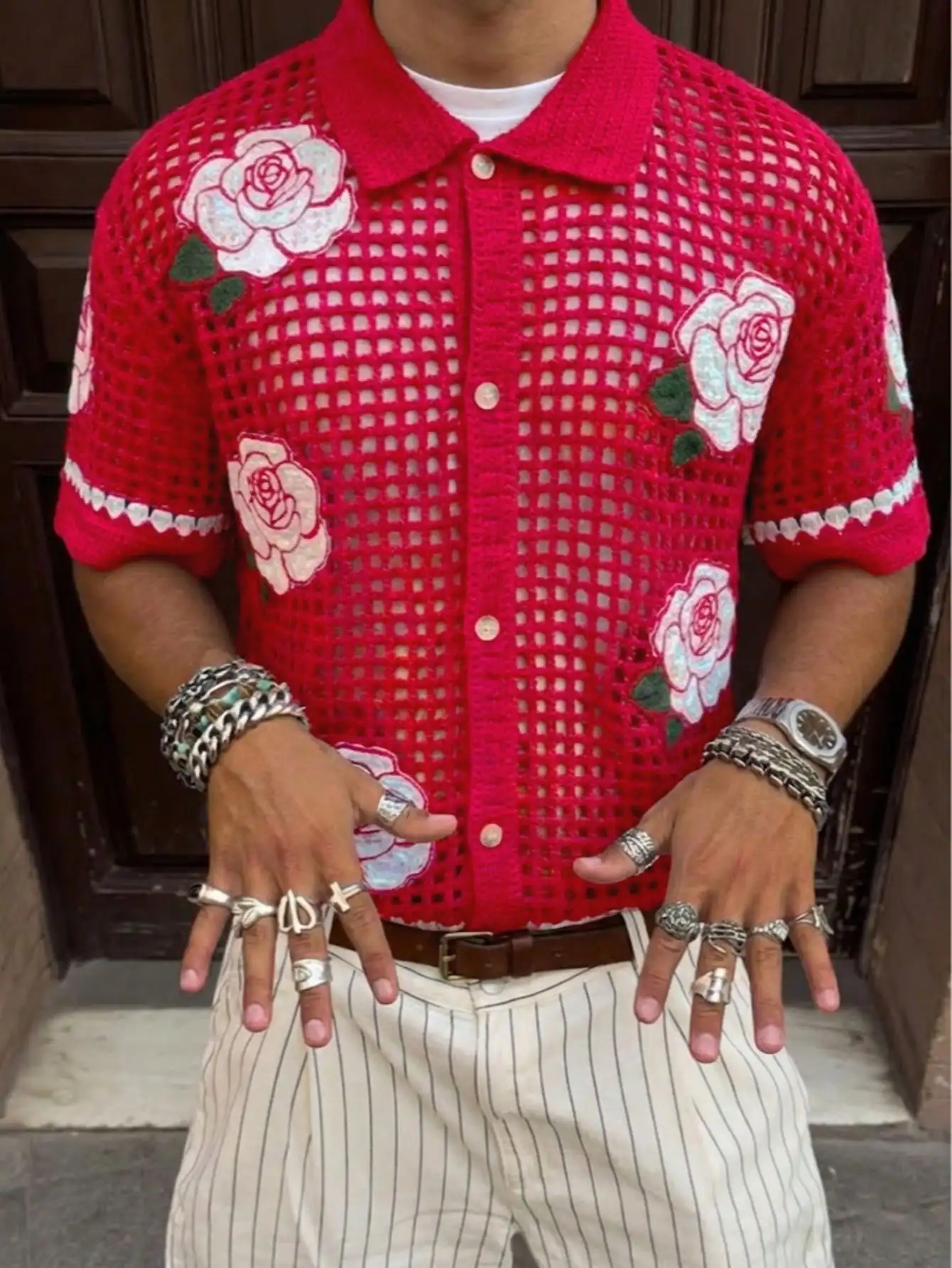 

Мужская свободная повседневная футболка-поло с коротким рукавом, с вырезами и узором в виде роз, на одной пуговице, унисекс, весна-лето