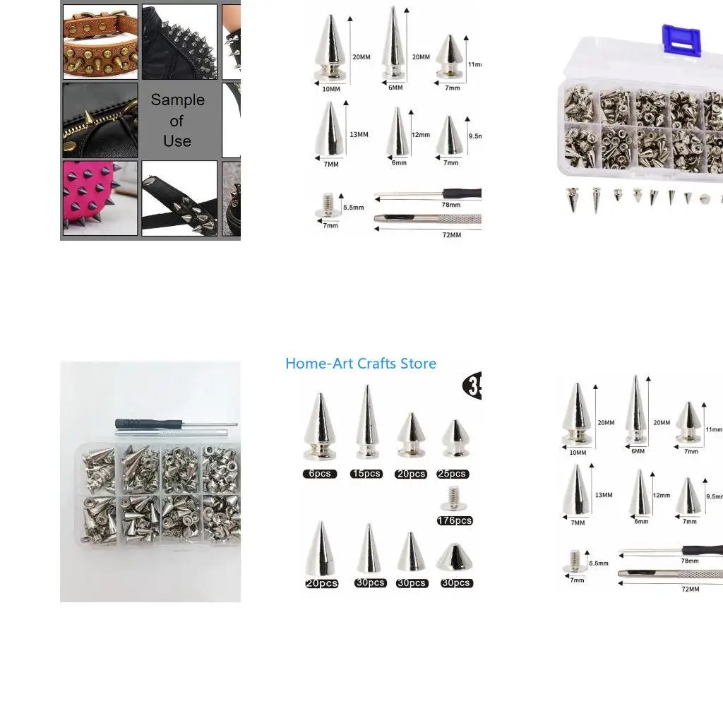 Y3NA 354Pcs Punk Spikes and Studs 8 Size Cone Spikes Metal Tree Spikes Studs for Leather Craft Clothing Craft Decoration
