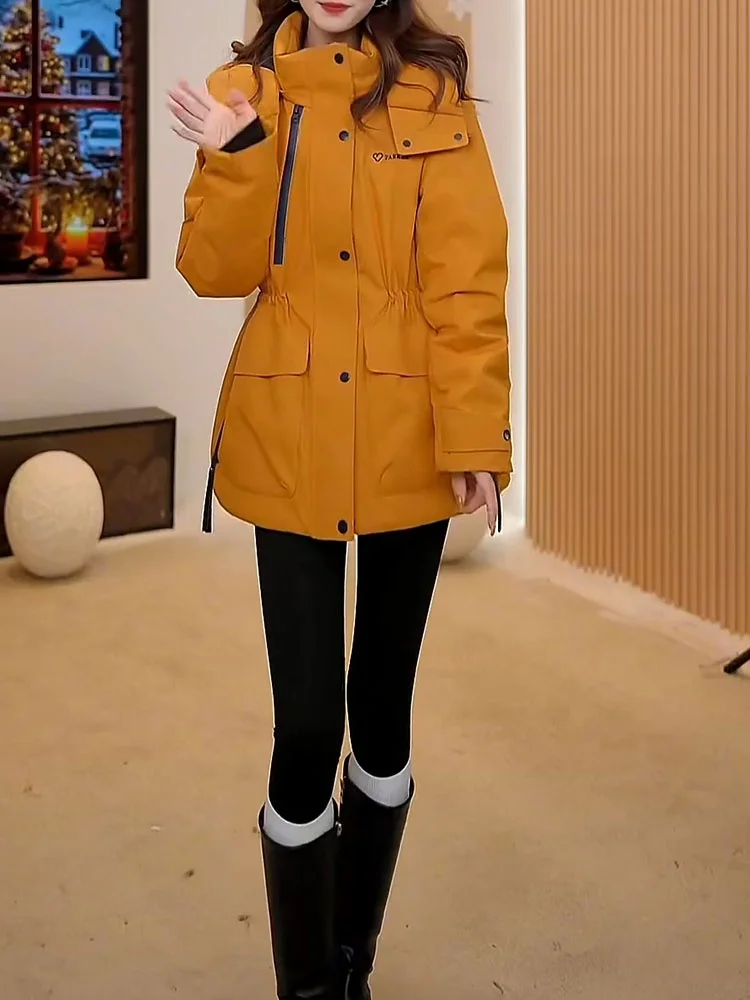 

Женская утепленная ветрозащитная куртка средней длины с эффектом похудения, корейский стиль, для повседневной носки, модная, с утяжкой на талии