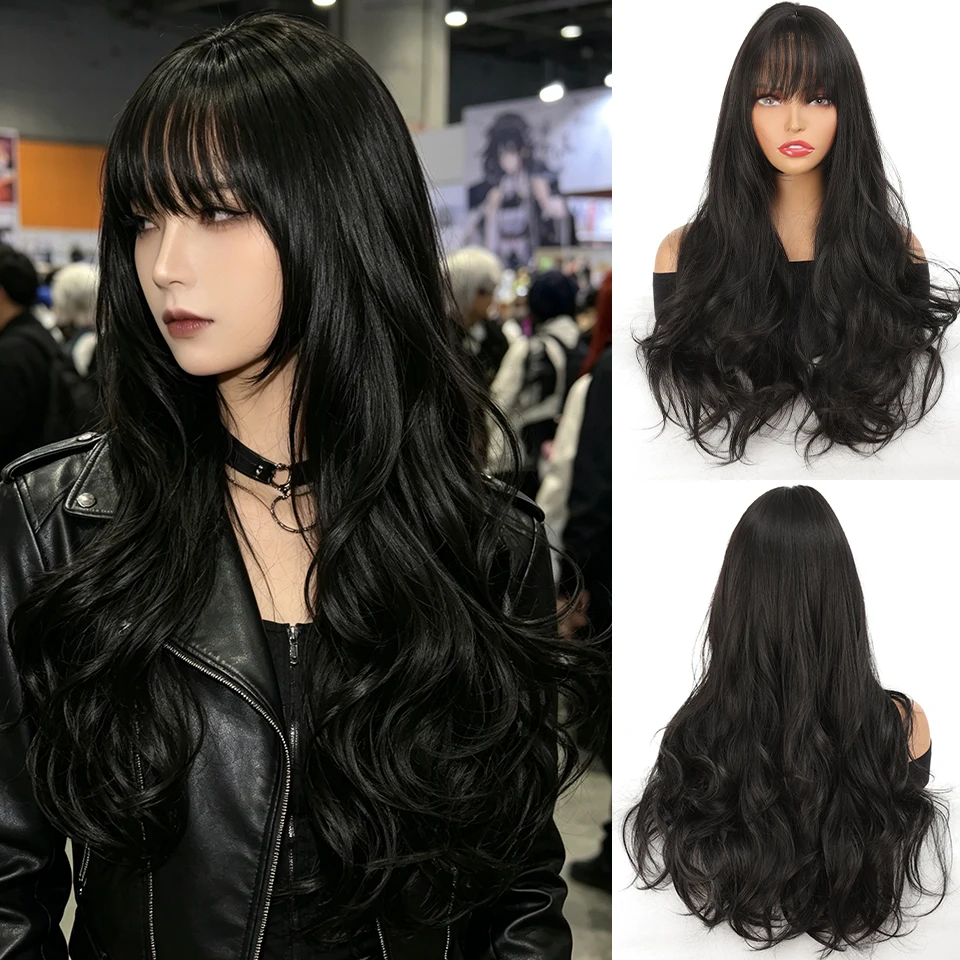 

Black Brown Anime Wig for Woman 24inch Daily Use Lolita Water Wavy Big Waves Long Curly Hair Long Synthetic Wigs Halloween Party