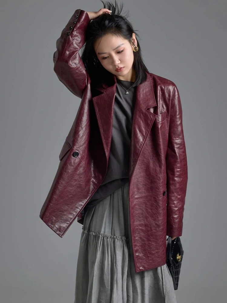 Vintage-Blazer aus echtem Leder für Damen, Herbst und Winter, 2022, neuer High-End-einfacher, lockerer, weicher Ölwachs-Mantel aus echtem Schaffell