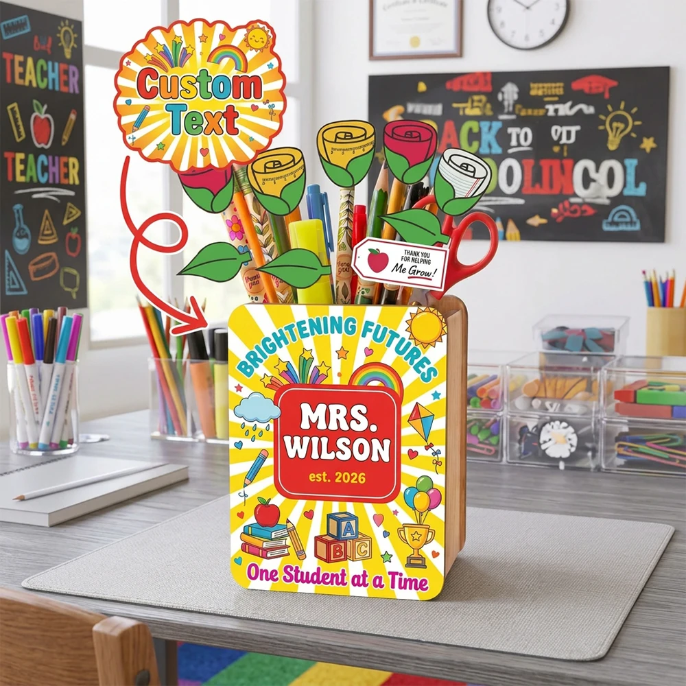 Customized Teacher Name Wood Pen Holder,Stationery Desktop Container,Keepsake Thank‑you Present,For Educators,School Staff
