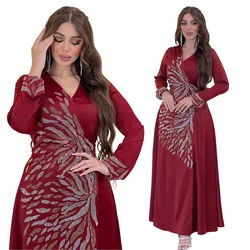 Polyester Muslim Fashion Abaya Summer Elegant Muslim Long Sleeve V-neck Regular Solid Color Long Abaya Maxi Dress Abaya Dress