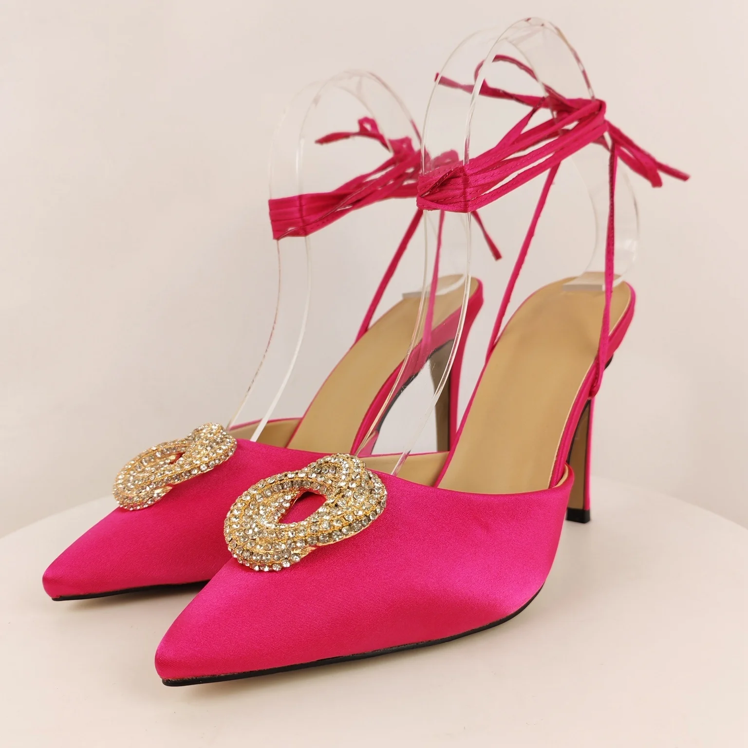 

Women's Hot Pink Satin Pumps Crystal Buckle Ankle Tie Glam Bold Style for Evening Events or Fashion-Forward Party Looks
