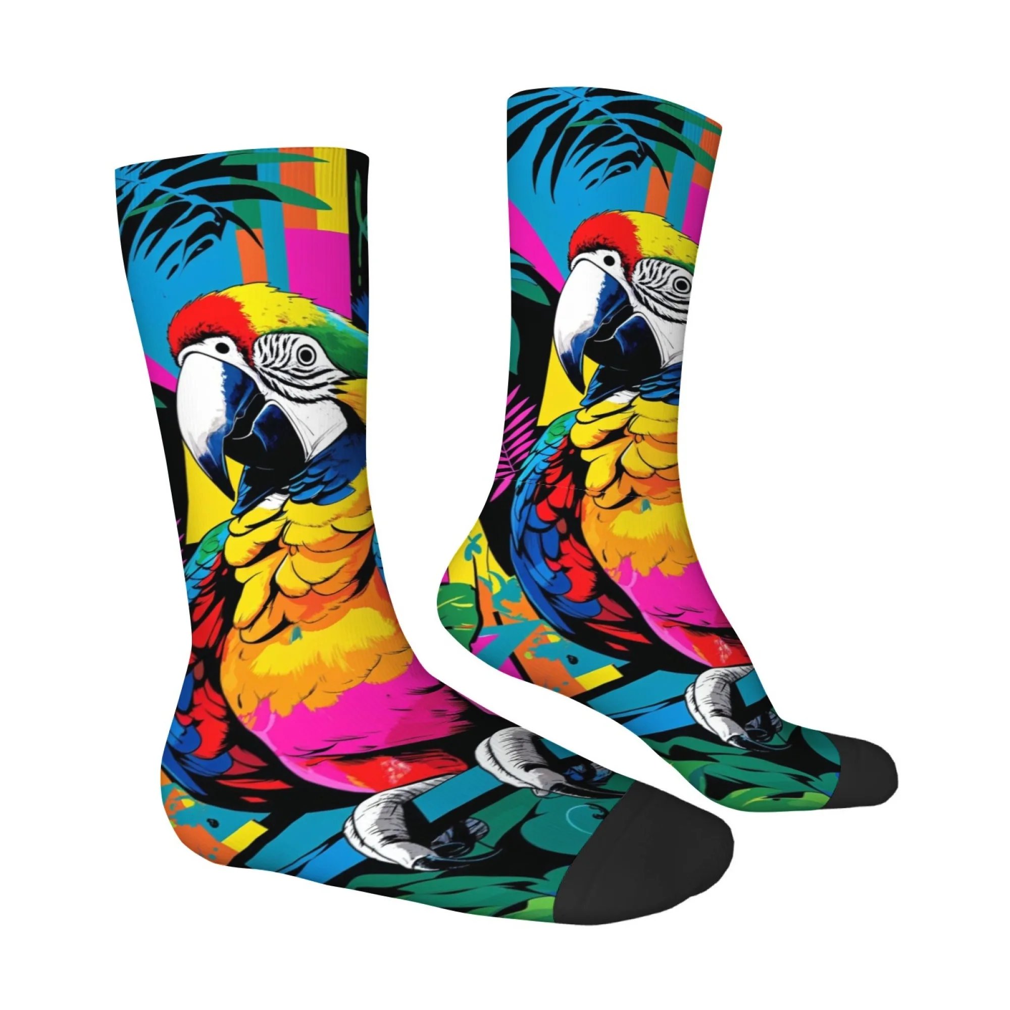 Retro Pop Tropical Style Men's Mid-Calf Socks with Macaw Color-Block Print Soft Comfortable Street Trendy Tropical Plant Socks