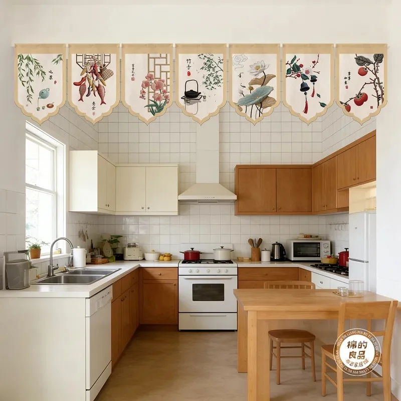 VIKAMA Traditional Chinese Pennant Curtain Lucky Cabbage Dragon Pattern Fabric Triangle Short Curtain for Home Window Decor