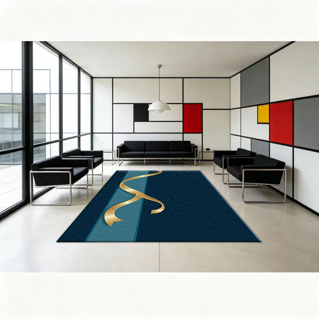 Luxurious Gold Ribbon Deep Blue Background Carpet Floor Modern Elegant Decorative Non-Slip Home Carpet