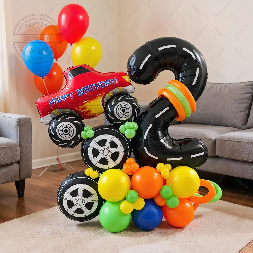 Globos de Látex Amarillos y Azules con Temática de Monster Trucks de 40 Pulgadas, Globos Digitales con Forma de Rueda de Auto de Carreras, Decoraciones de Cumpleaños de Monster Truck