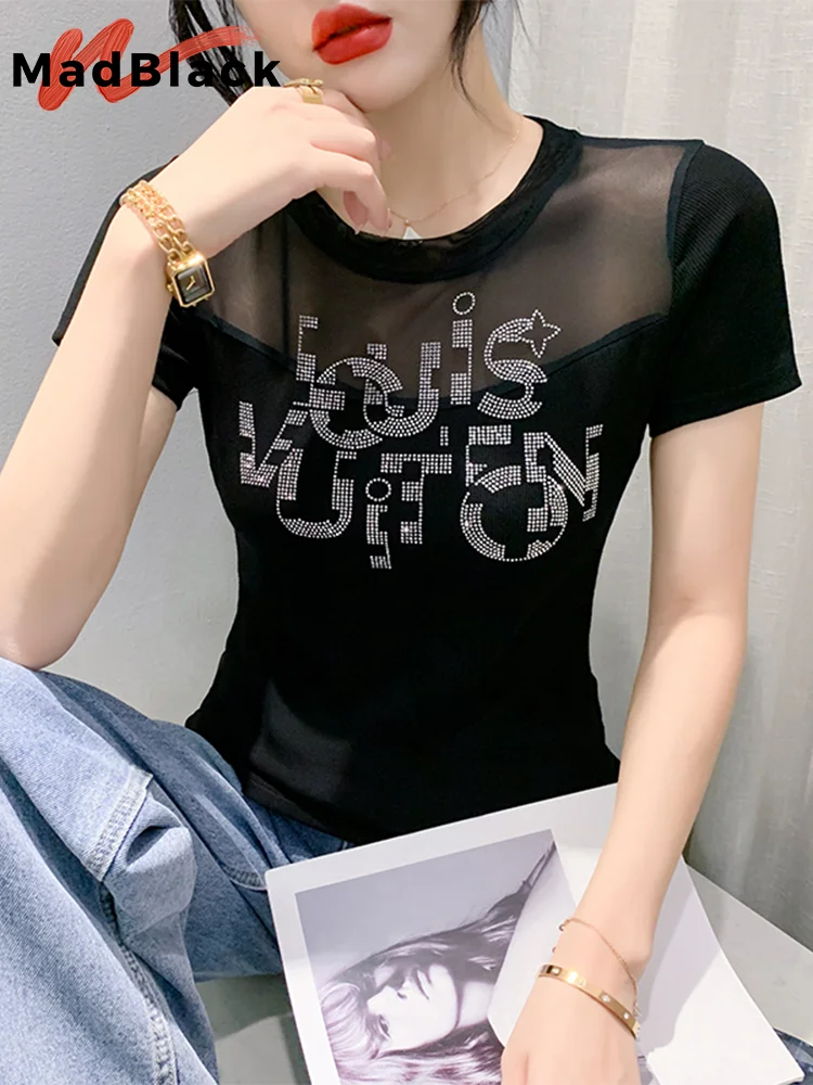 

"MadBlack Summer European Clothes Tshirts Ladies Sexy O Necks Semi Sheer Letter Drilling Slim Mesh Tops Short Sleeve T36096JM