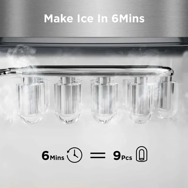 Encimera para hacer hielo QWSilonn, 9 cubos listos en 6 minutos, 26 libras en 24 horas, máquina de hielo autolimpiante con cuchara para hielo y cesta