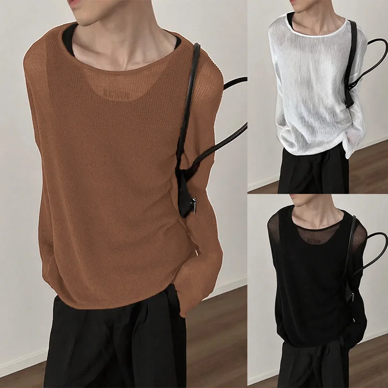 Summer New Round Neck Shoulder Long Sleeve Knitted Sweater Top Thin Loose Casual T-shirt