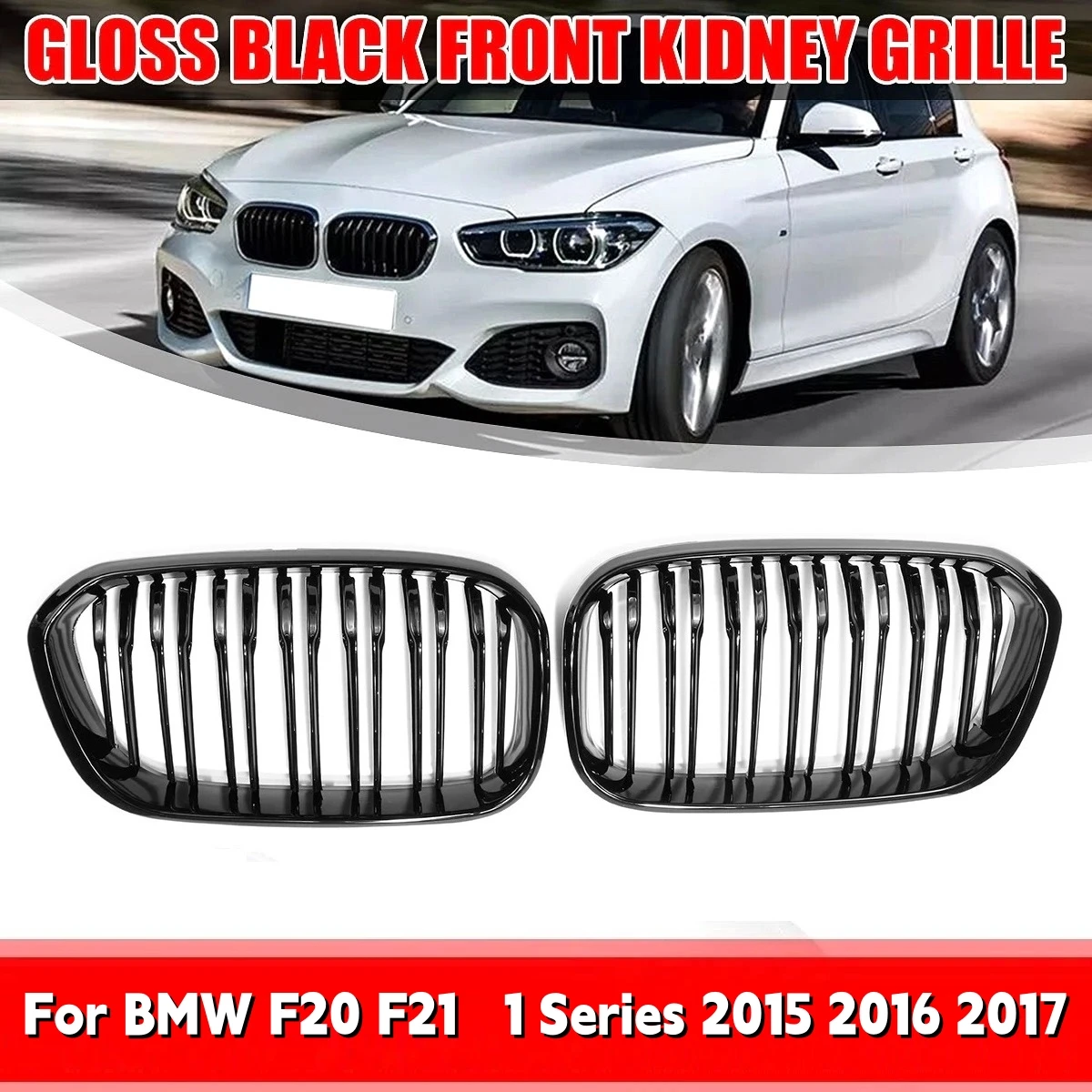 

Гоночная решетка 2015-2017 для BMW F20 F21 120i LCI 1 серии 2015 2016 2017, глянцевая черная передняя решетка для почек, 2 планки