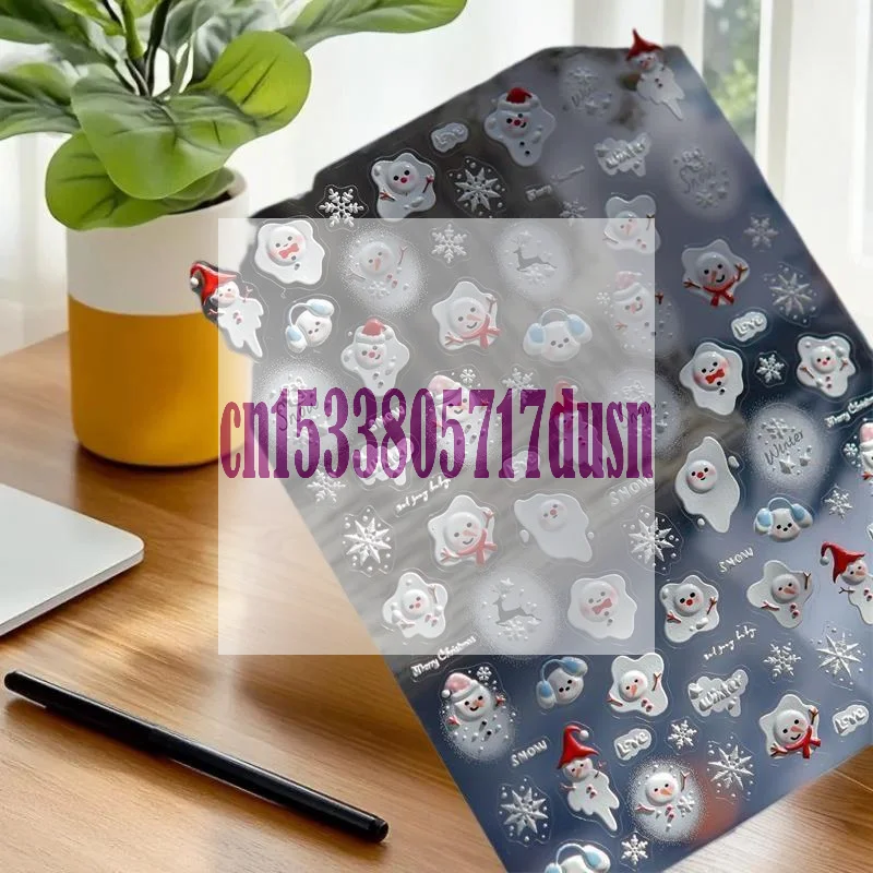 {MX329} 5D relieve lindo muñeco de nieve derretido pegatinas de decoración de uñas de Navidad arco femenino copo de nieve blanco pegatinas de decoración de uñas