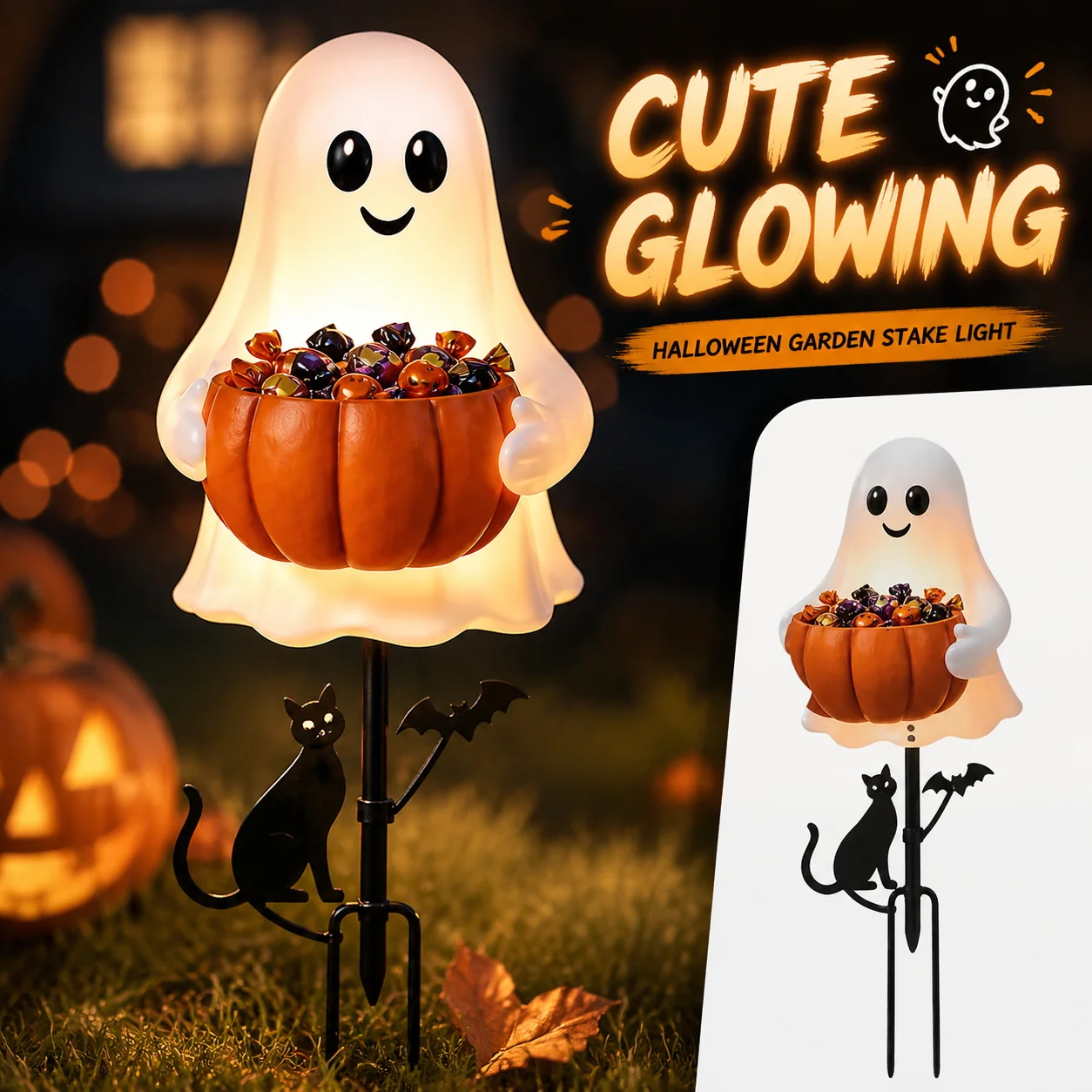 Halloween Ghost Candy Holder Decorative Lights LED Outdoor Ghost Decorations for Yard Garden Stake Glowing Pumpkin Candy Bowl