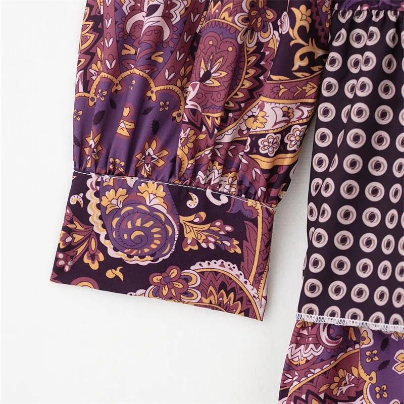 Keyanketian novo feminino em camadas babados paisley flor impressão midi vestidos estilo retro arco rendas até gola vestido de manga longa