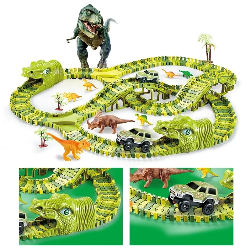 DIY Plastic Racing Track Set Dinosaur Railway Toys Flexible Race Track Electronic Flash Light Car Toys for Children Gifts